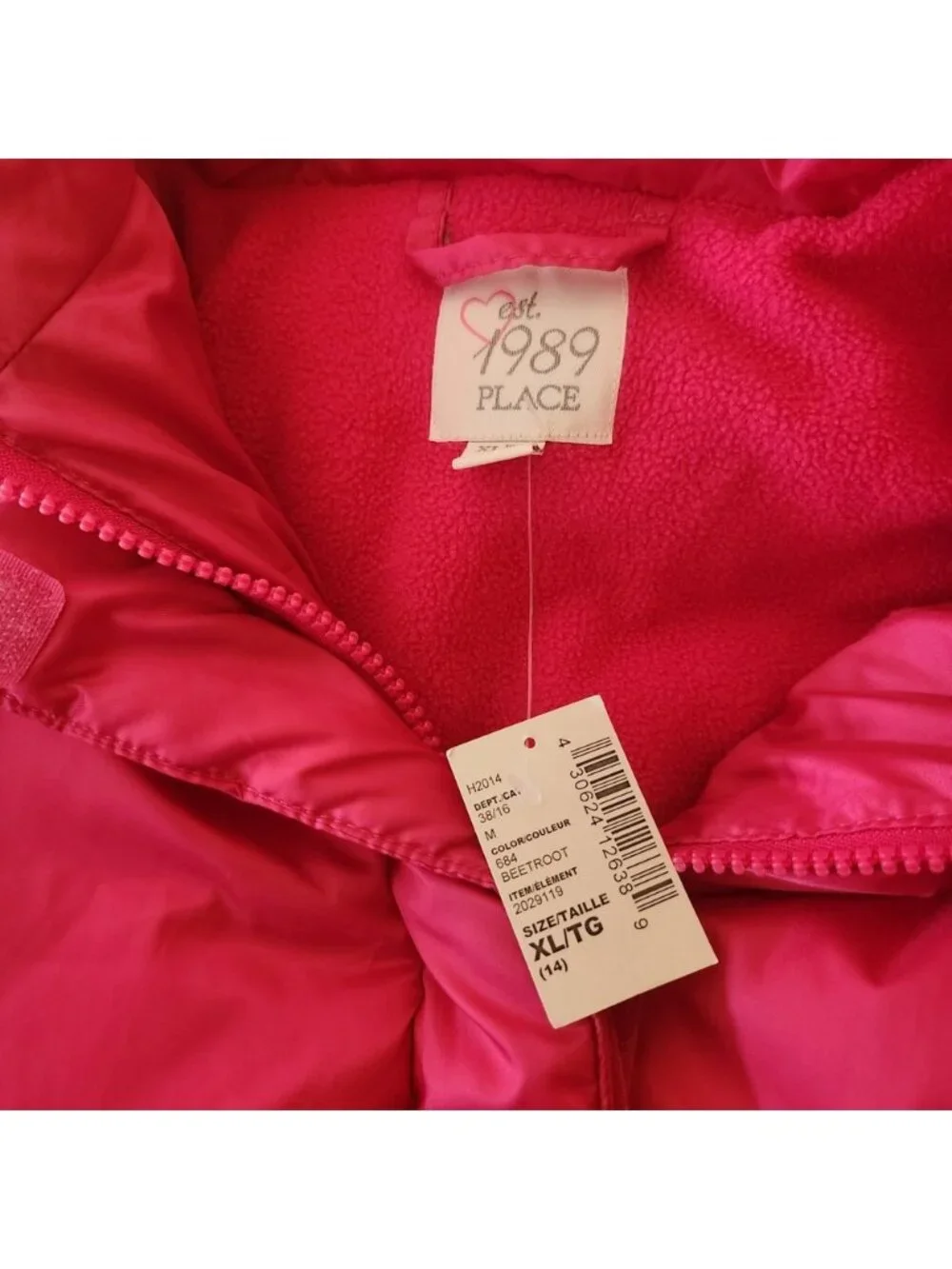 The Childrens Place Girls Beetroot Pink Puffer Jacket Fleece Lined Hood 14 NEW